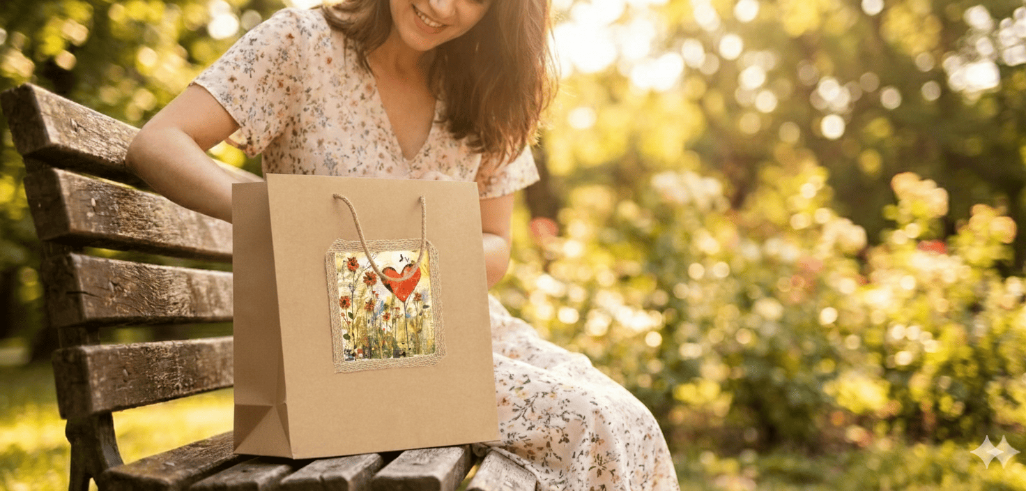 Prezentacja papierowej torebki na prezent z motywem miłosnym, w plenerze