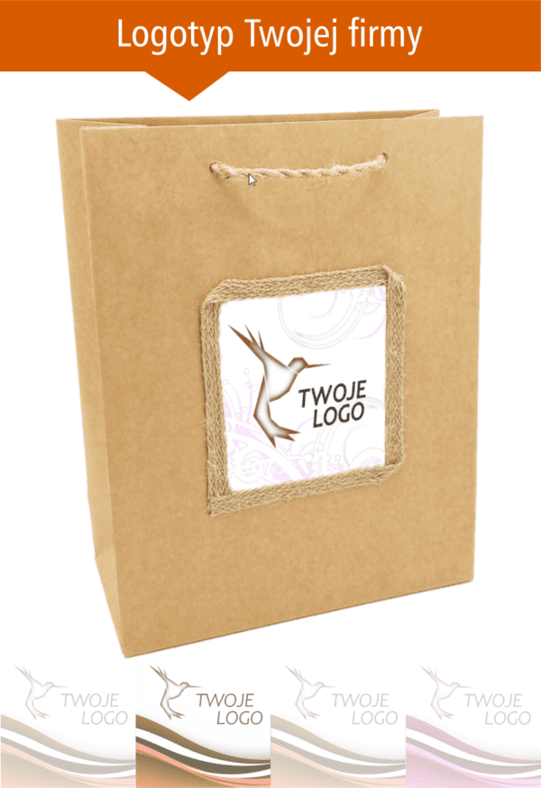 Personalizowana torebka papierowa kraft z dużym logotypem firmowym umieszczonym centralnie na płótnie