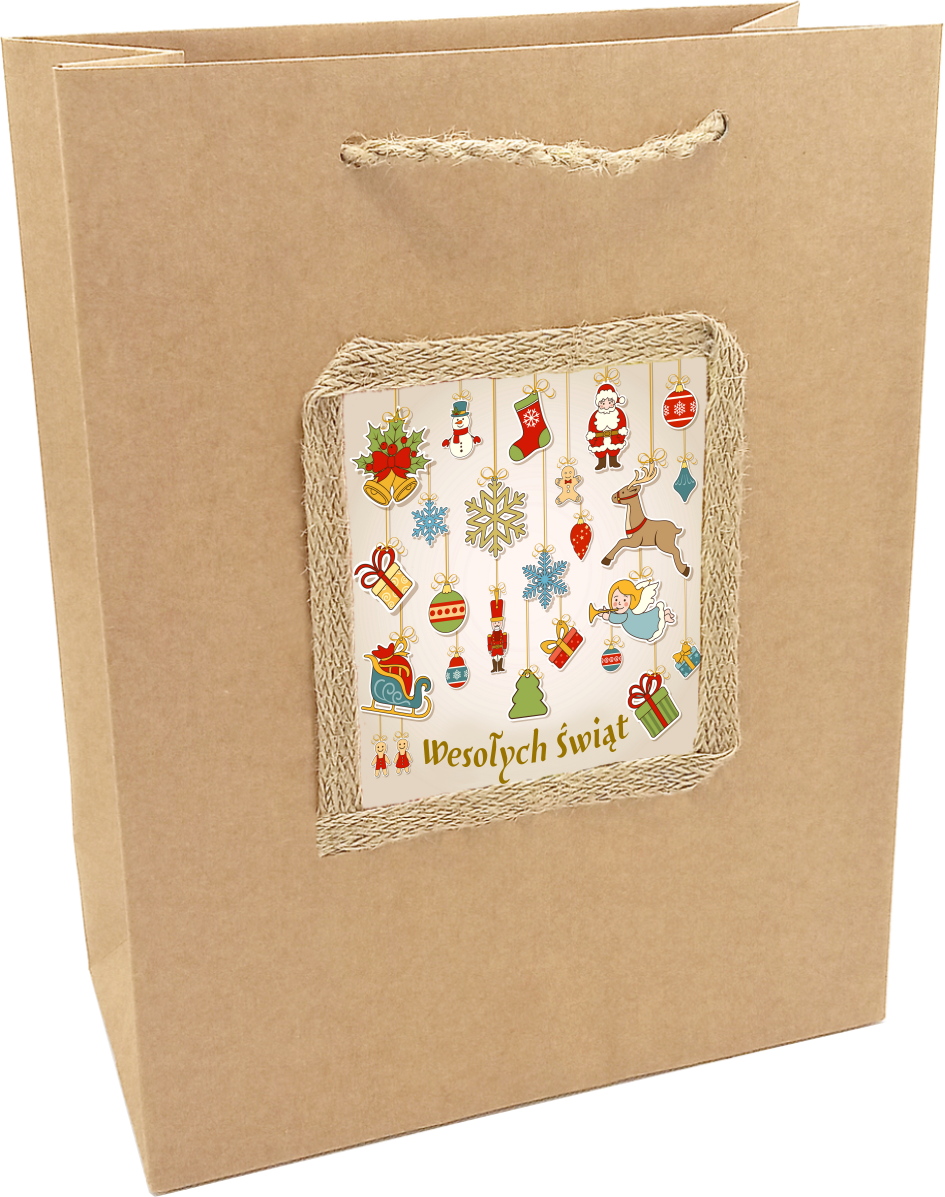 Świąteczna torba papierowa EKO z nadrukiem złotych i czerwonych ozdób. Torba prezentowa Poznań.