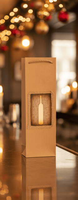 Torebka prezentowa świąteczna monopolowa B-1004 – wizualizacja AI z tłem bokeh w stylu bożonarodzeniowym