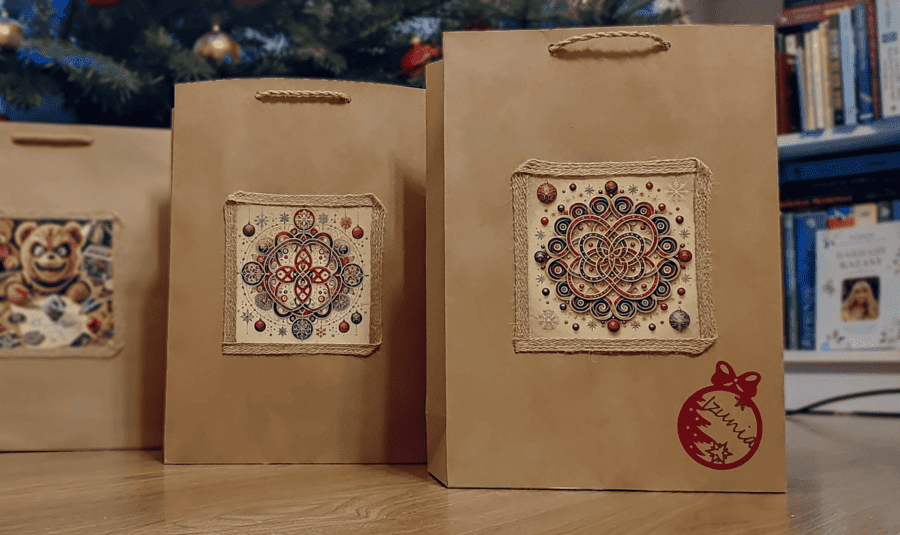 Zestaw torebek prezentowych z mandalami o wzorach tradycyjnych i nowoczesnych