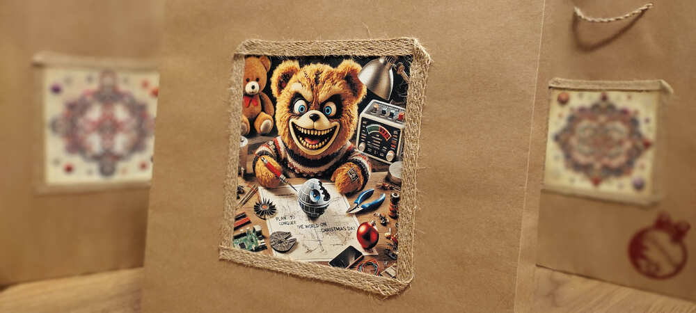 Torebka na prezent dla pasjonata elektroniki z grafiką misia budującego Gwiazdę Śmierci