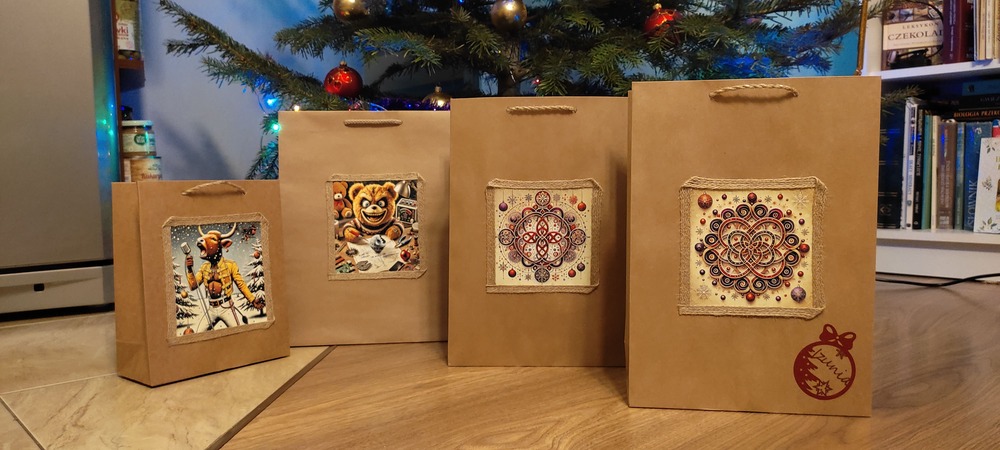 Świąteczne torebki prezentowe Cluster One z personalizowanymi grafikami dla rodziny i bliskich