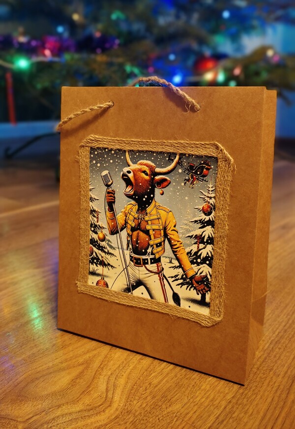 Personalizowana torebka na prezent z grafiką Freddiego Mercuryego jako byka śpiewającego w lesie