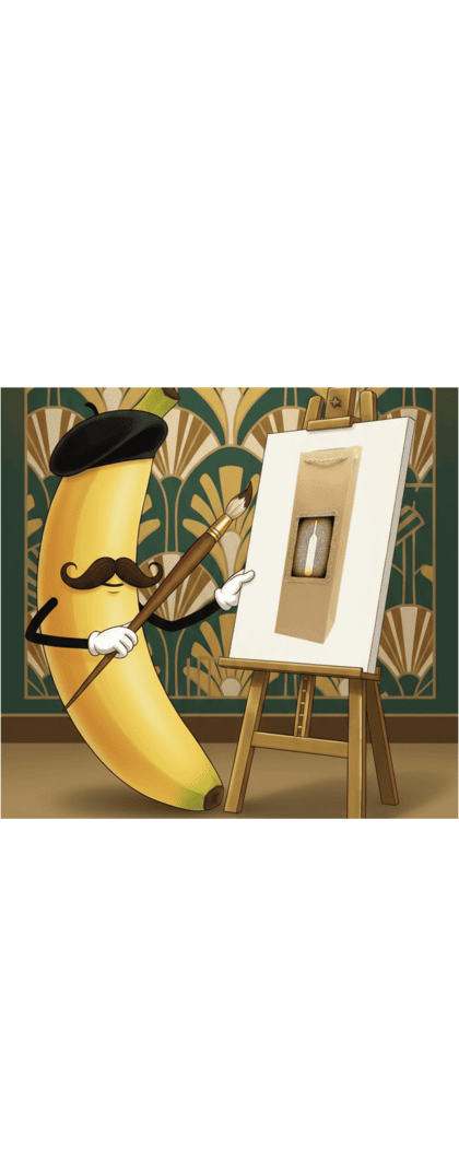 NanoBanan malarz stoi przed sztalugą z płótnem i namalowaną torebką papierową