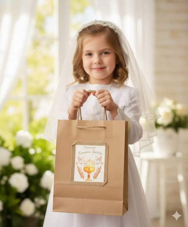 Torebka komunijna papierowa KS-101 w wygenerowanej przez AI scenerii uroczystości komunijnej